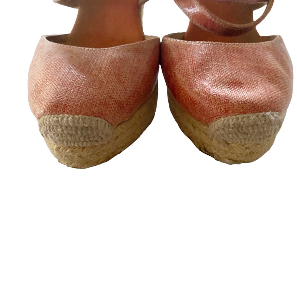 Bettye Muller Coral & Cream Espadrille Wedge Sandals – Summer Chic Platform Heel - Picture 9 of 12
